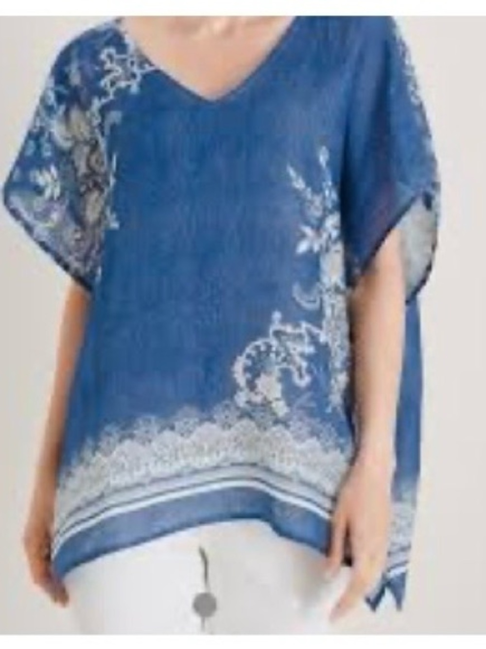 Chico's Blue Linen V-Neck Lace and Floral Print Caftan Style Boxy Top. S/M